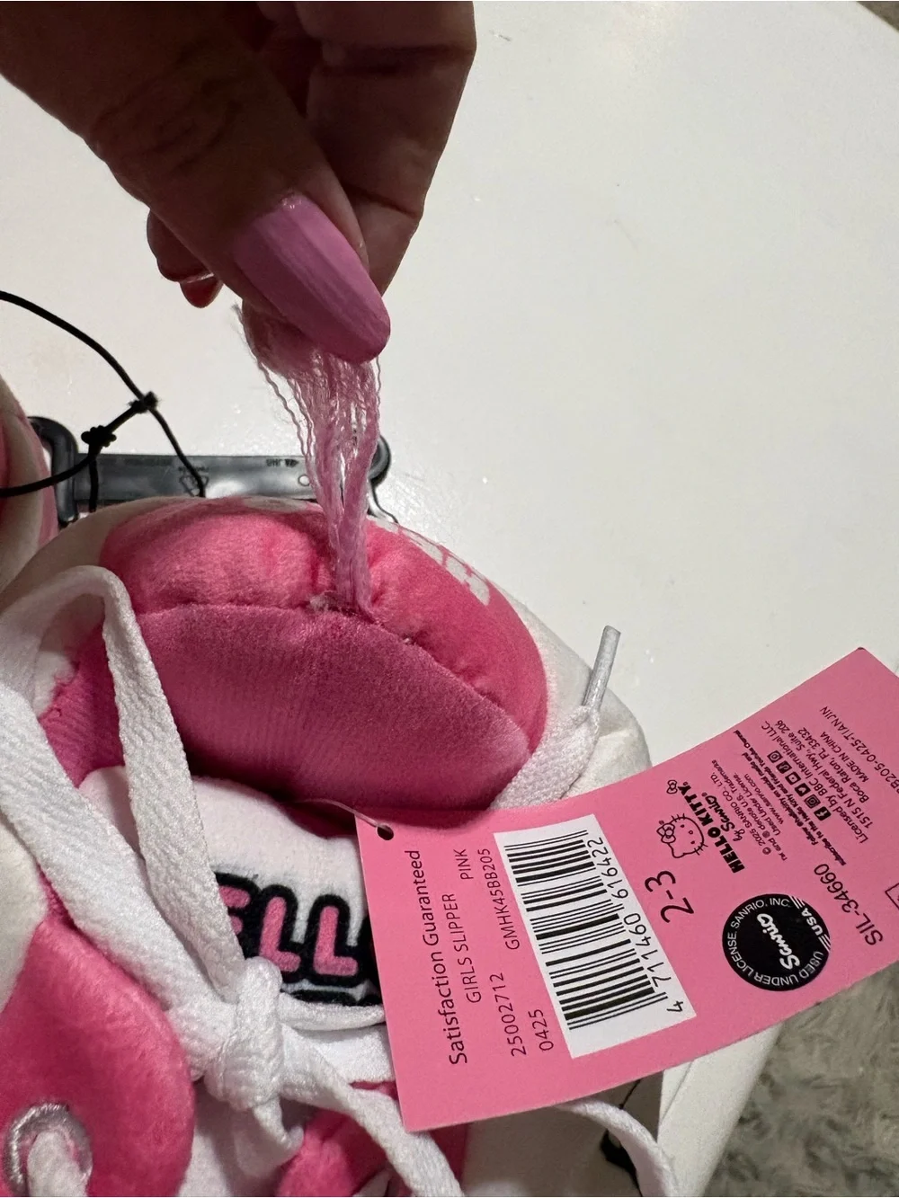 Hello Kitty Pink and White Kids Plush Lace-Up Slippers Sz 2-3